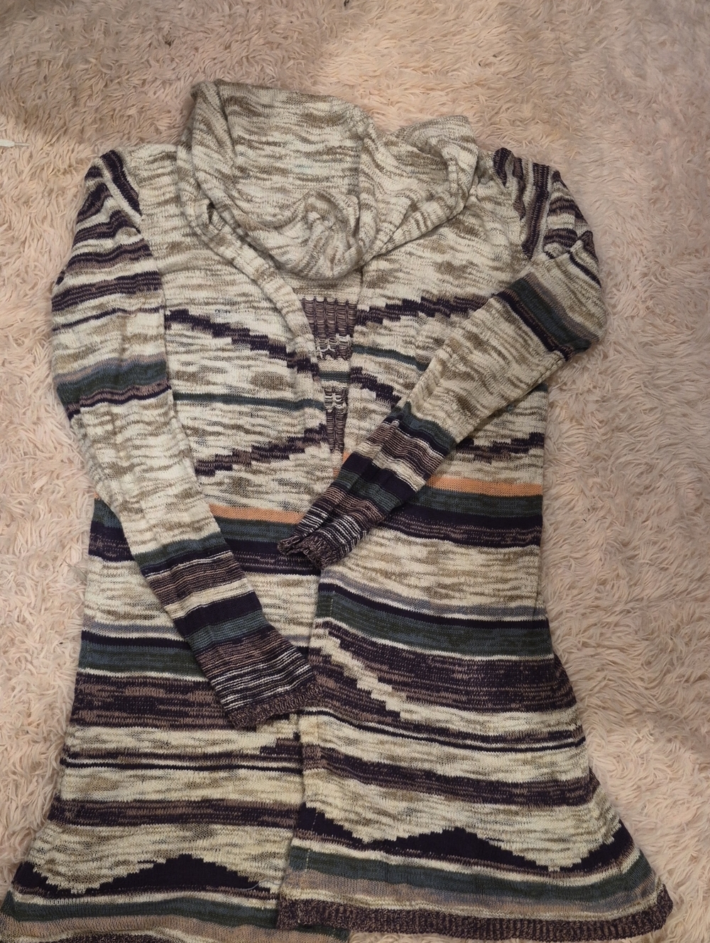 Maurices Cream Striped Cowl Neck Sweater Cardigan with Multicolor Accents